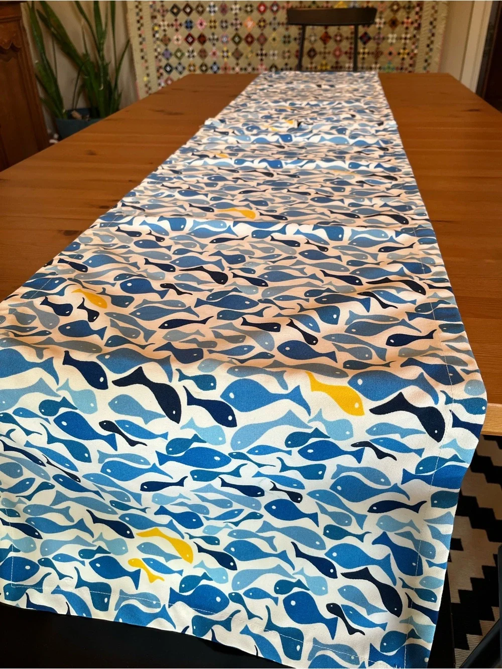Pottery Barn Outdoor Table Runner School of Fish Blue 2pc Umbrella Hole 18x108